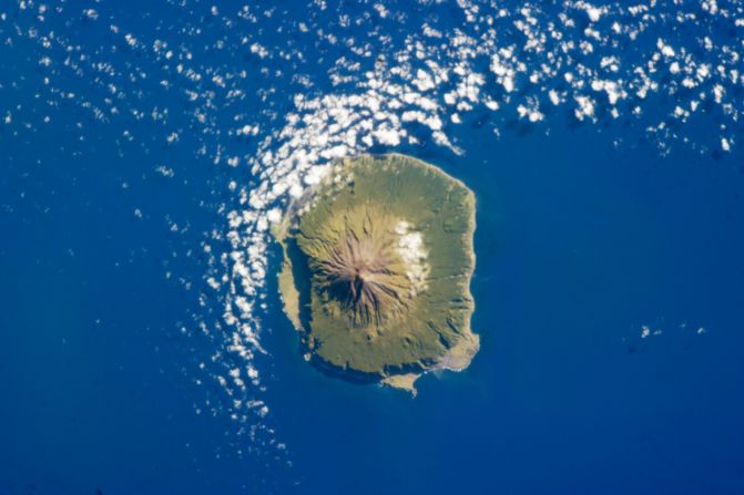 A lonely spot of land in the ocean. Tristan da Cunha as pictured from space.