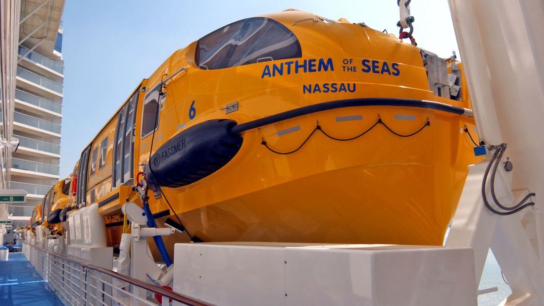 Good to know they're there. Yellow lifeboats line one of Anthem's decks. The ship is also equipped with large inflatable life rafts accessed from the deck via a chute.