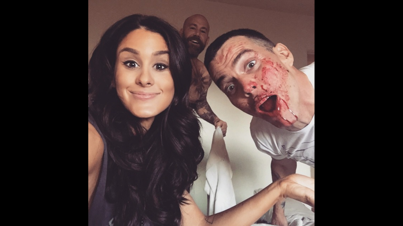 Comedian Brittany Furlan said she was <a href="https://instagram.com/p/1t-xyKw-uv/?taken-by=brittanyfurlan" target="_blank" target="_blank">"up to no good"</a> Monday, April 20, with music producer Nik Nikateen, center, and entertainer Steve-O.