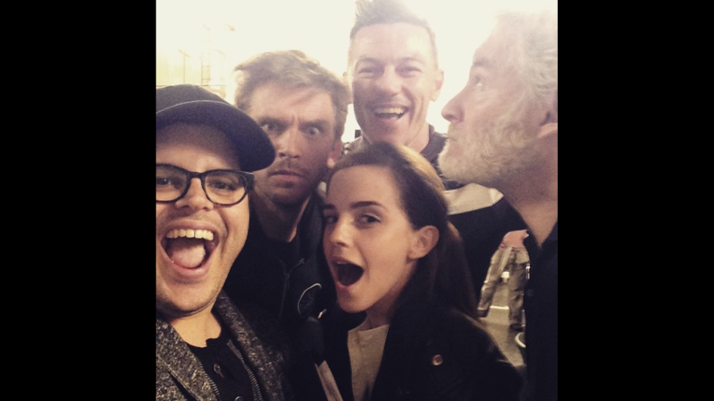 Actor Josh Gad, left, <a href="https://instagram.com/p/1dzUfljvmK/?taken-by=joshgad" target="_blank" target="_blank">posted this selfie</a> with Emma Watson and others who will be starring with him in Disney's live-action film "Beauty and the Beast." "Can't wait for you to be our guest," Gad said on Instagram on Tuesday, April 14. Behind Gad and Watson, from left, are actors Dan Stevens, Luke Evans and Kevin Kline.