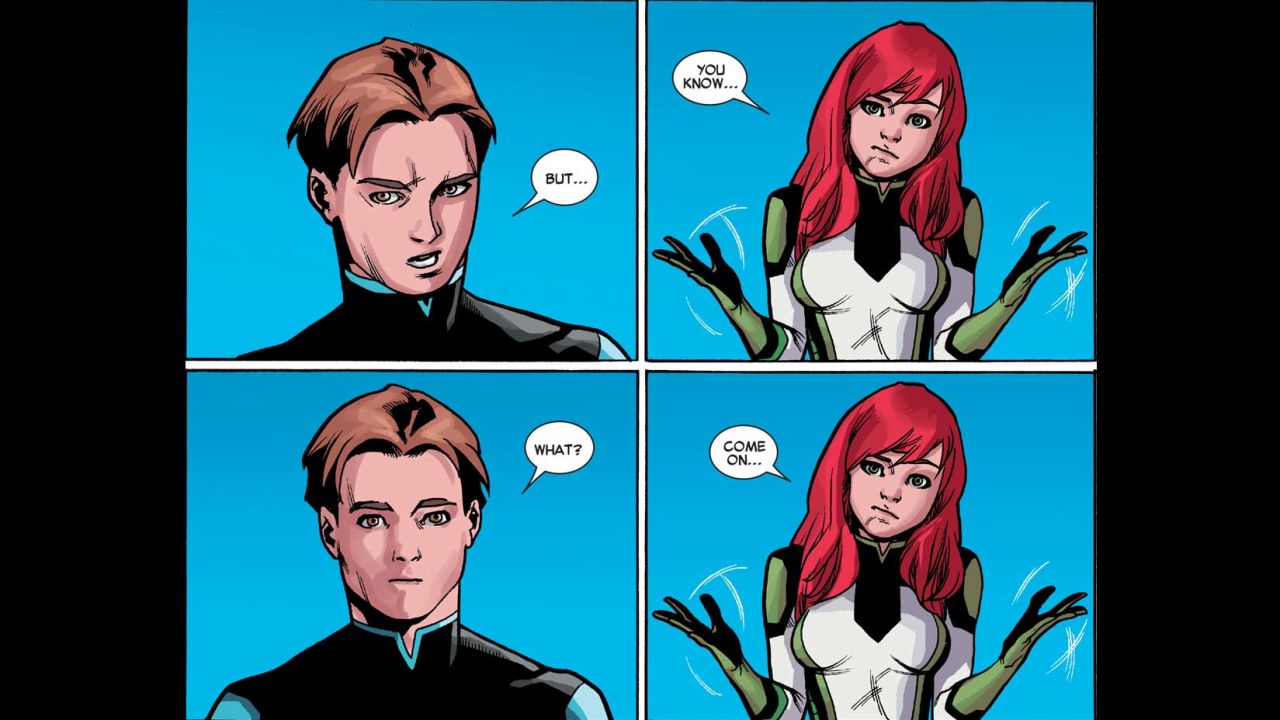 Mind-reading mutant Jean Grey tells Bobby "Iceman" Drake that she knows the truth about his sexuality.