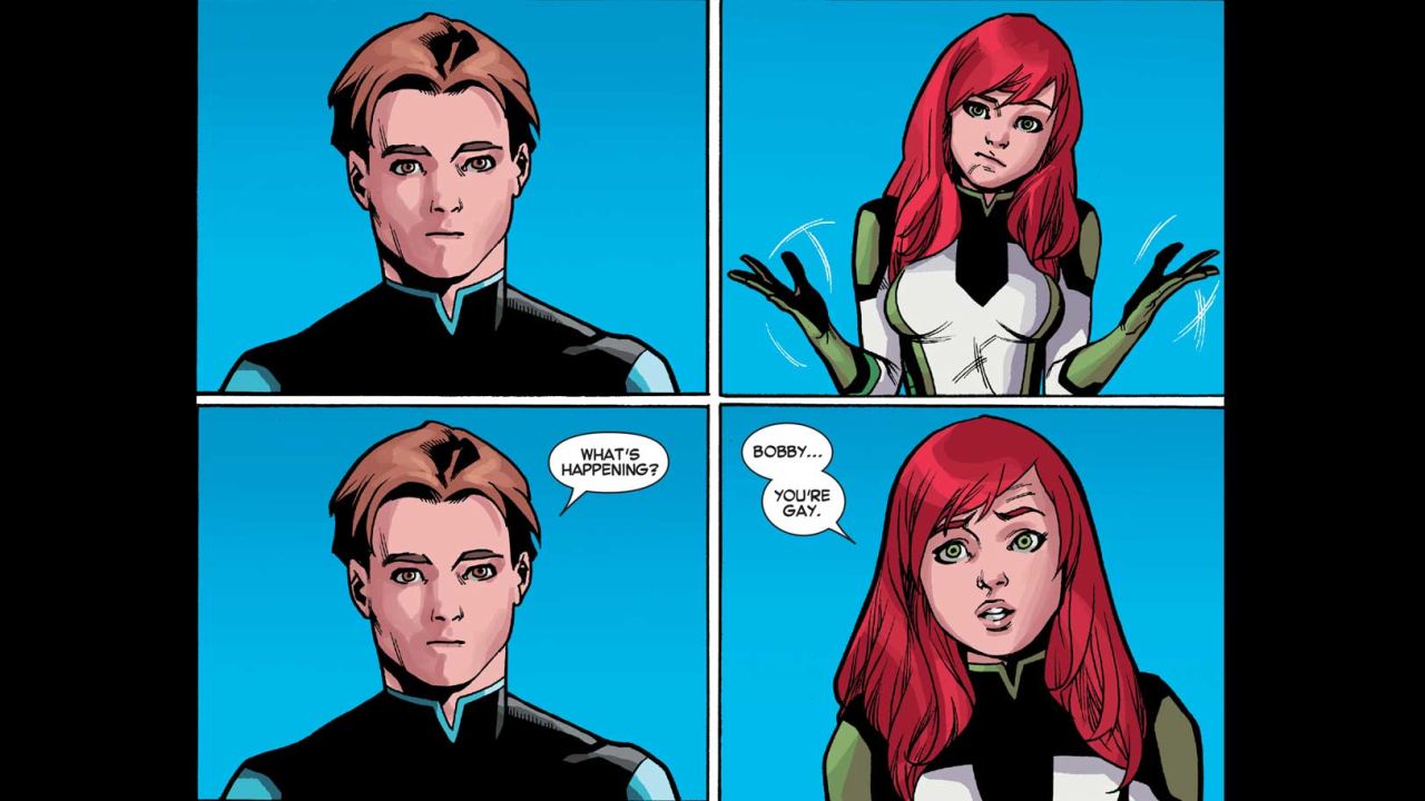 Jean Grey asks Bobby why he calls women "hot," when she knows he is gay.