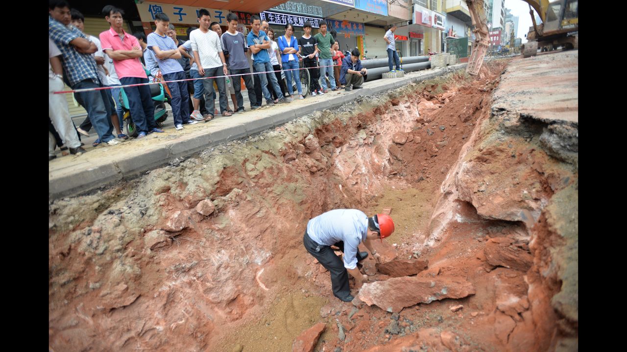 Workers move the fossilized eggs in Heyuan on April 19. They were carrying out road repairs when they found the eggs. 