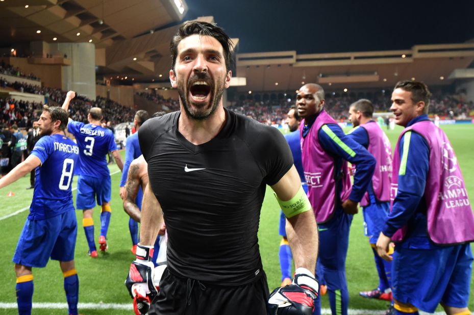 Gianluigi Buffon, the Juventus goalkeeper, celebrates after his side secured its place in the last four with a 1-0 aggregate victory over Monaco. The Italian team claimed a goalless draw on the night to progress