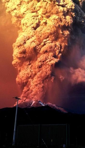 Ash and smoke shoots into the sky from the Calbuco Volcano.