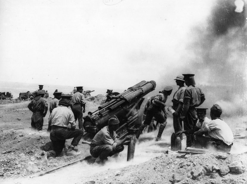 While numbers vary, the Gallipoli campaign resulted in hundreds of thousands of casualties on both sides. For the Allies, it was considered a military failure, though the bravery of the troops in the face of crushing defeat has long been celebrated in Australian and New Zealand culture. Here, a 60-pounder heavy field gun fires from a clifftop at Helles Bay, Gallipoli, Turkey.