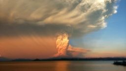 A column of ash and lava from the Calbuco Volcano is viisble from Puerto Varas, Chile, on April 22.