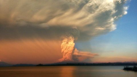 A column of ash and lava from the Calbuco Volcano is viisble from Puerto Varas, Chile, on April 22.