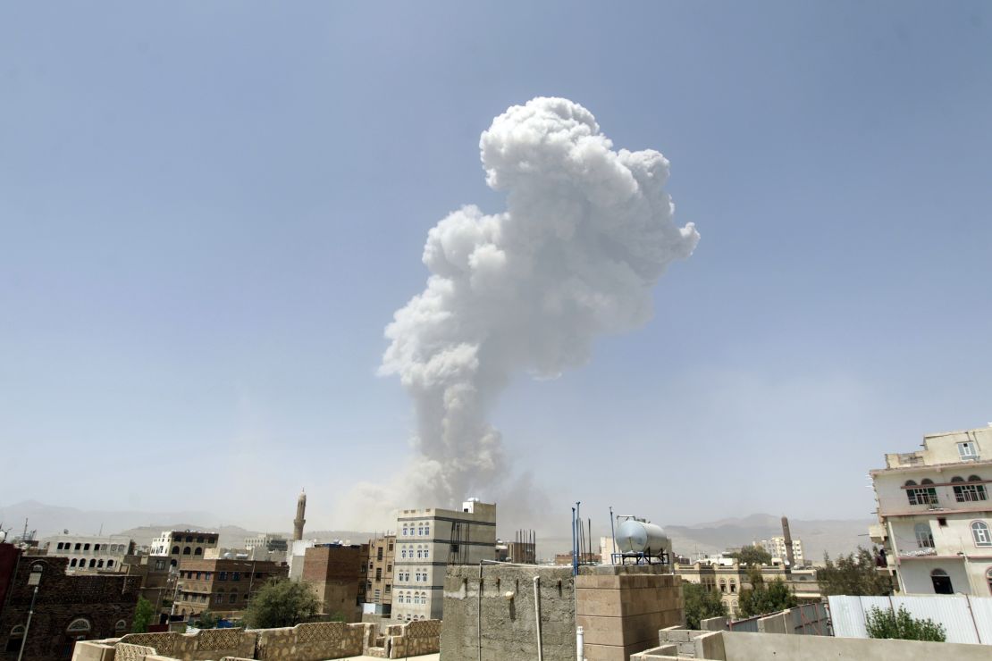 A huge cloud of smoke rising after an airstrike by the Saudi-led coalition on Sanaa on April 20.