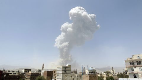 A huge cloud of smoke rising after an airstrike by the Saudi-led coalition on Sanaa on April 20.