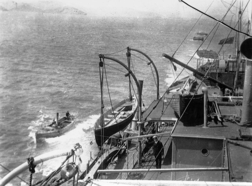 In 1915, the British War Council decided that a stalemate in the war could be broken by using land troops to clear the Ottoman Army from the Dardanelles, a narrow strait connecting the Aegean Sea and the Sea of Marmara. That would open up the strait to Allied navies with the ultimate aim of capturing Constantinople, now Istanbul in Turkey. This image shows the "River Clyde," en route to Gallipoli.