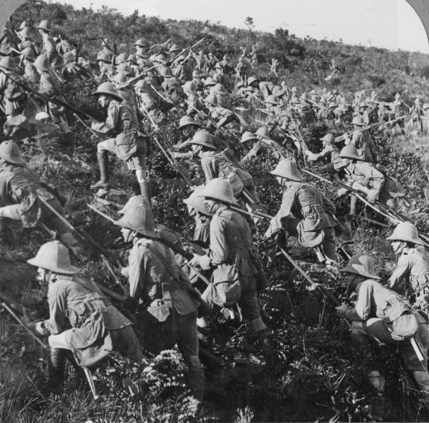 Despite the bombardment, and appalling loss of life, both the Allied and Turkish forces dug in for a protracted campaign which ended with the decision by the British government to evacuate Allied troops. This image shows British troops advancing at Gallipoli, August 6, 1915.