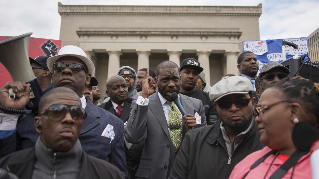 Empowerment Temple Pastor Jamal Harrison Bryant speaks in front of City Hall in Baltimore on April 23.