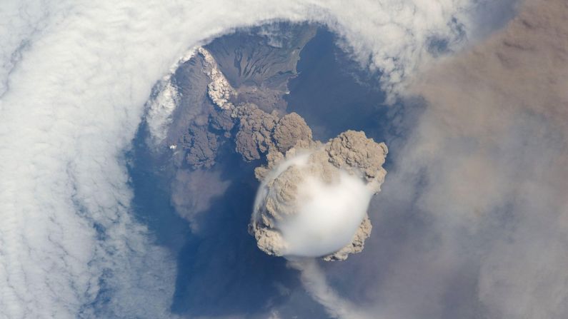 This NASA satellite image from space shows the Sarychev Volcano in Russia erupting on June 12, 2009. Click through the gallery to see other stunning images of volcanoes captured from space. 