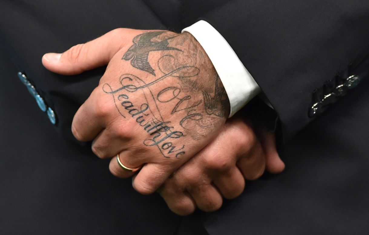Beckham's sculpted body is heavily tattooed. This is a closeup of his hand taken during the "United for Wildlife" conservation campaign launch in 2014. 