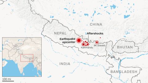 Map of Nepal earthquake epicenter and aftershock locations