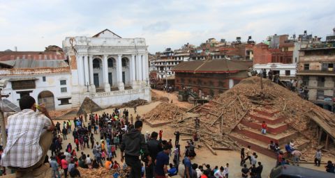 A temple on Hanumandhoka Durbar Square lies in ruins after an earthquake in Kathmandu on April 25. 