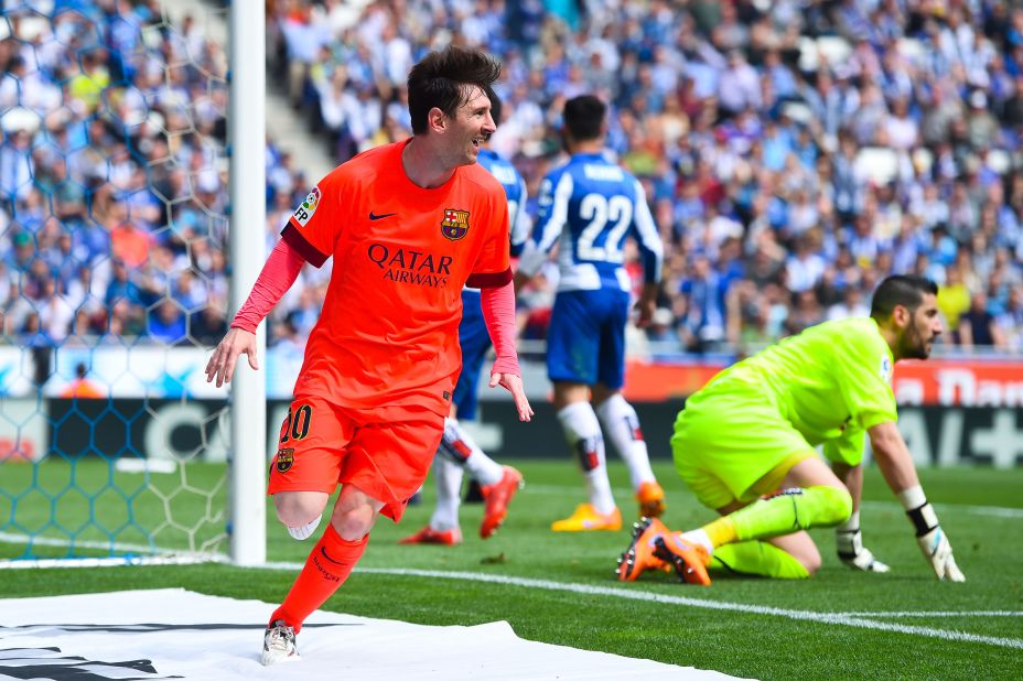 Messi scores his 47th goal this season as Barcelona extends its league lead to five points with a 2-0 win in the Catalan derby at Espanyol.