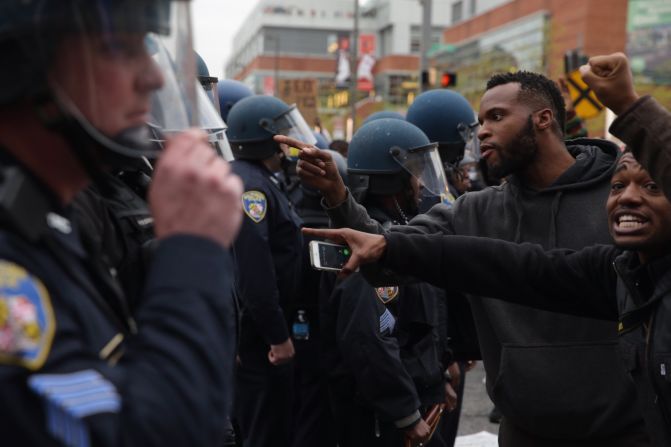 Protesters and police square off April 25. 