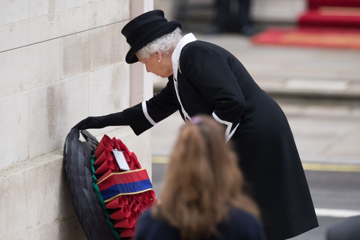 Britain's Queen Elizabeth lays a wreath during a service to commemorate Anzac Day and the centennial of the Battle of Gallipoli at the Cenotaph war memorial in central London on Saturday, April 25. A century ago, Allied troops came ashore at Gallipoli in modern Turkey at the start of an ill-fated land campaign to take the Dardanelles Strait from the Ottoman Empire. The disastrous World War I battle began on April 25, 1915, and pitted troops from Australia, Britain, France and New Zealand against the Ottoman forces backed by Germany.    