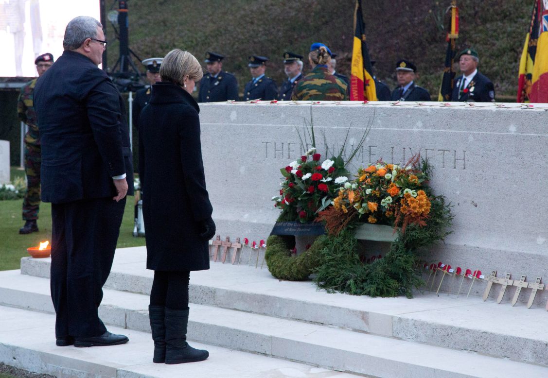 New Zealand Defense Minister Gerry Brownlee and Australian Foreign Minister Julie Bishop observe the centennial of the WWI Gallipoli campaign at Polygon Wood in Zonnebeke in Ypres, Belgium. 