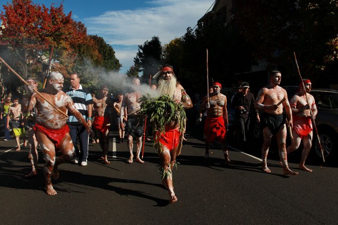 Indigenous dancers lead the parade through Redfern toward Alfred Park as part of the Redfern Aboriginal Anzac Day Commemoration in Sydney, Australia. The day is named for the Australian and New Zealand Army Corps, which suffered heavy losses during the protracted Gallipoli campaign.