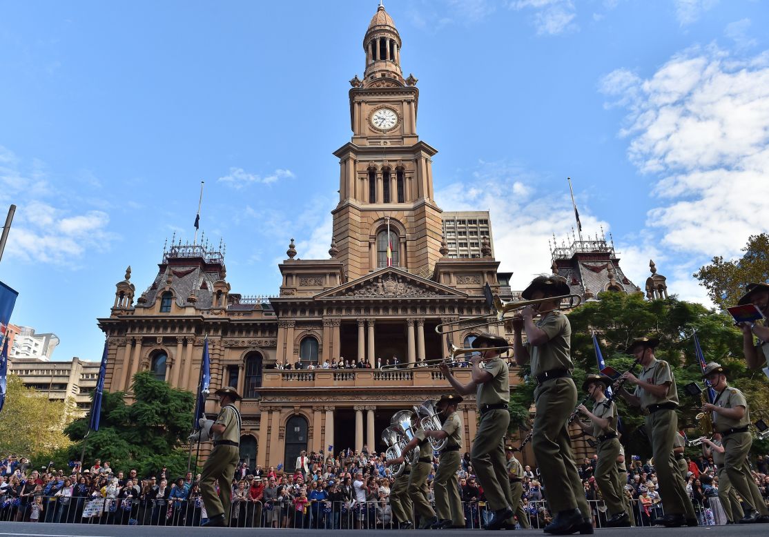 A marching band takes part in the Anzac Day parade along George Street in Sydney, Australia. 