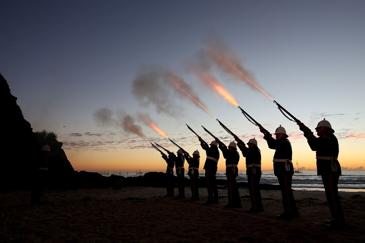 Members of the Albert Battery shoot a volley during the Currumbin RSL dawn service  in Currumbin, Australia.