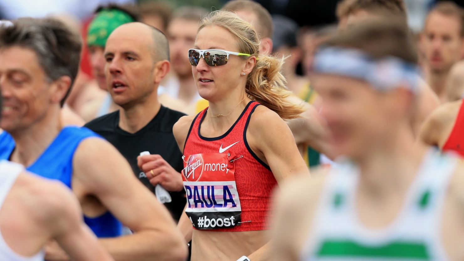 A face in the crowd: Paula Radcliffe mixes it with the club runners at the start of the 2015 London Marathon.