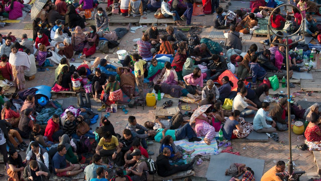 People gather in the open in Kathmandu after the earthquake.