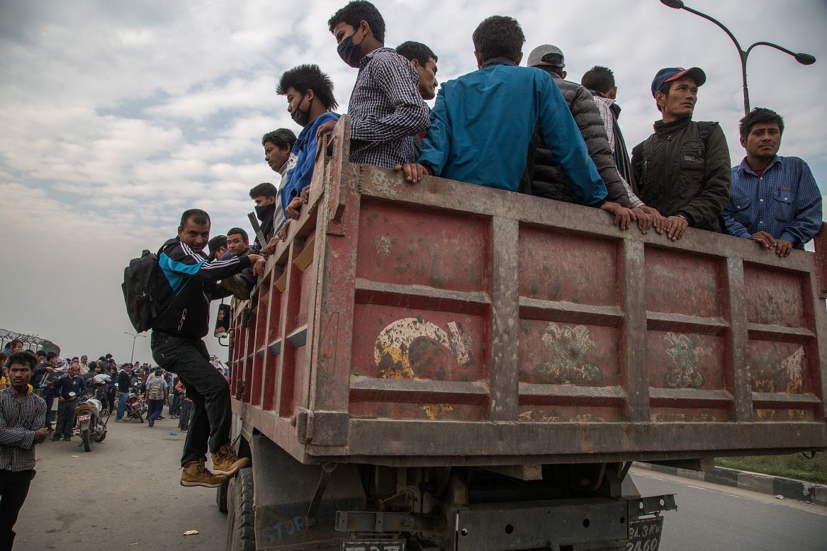 A truck evacuates residents from Kathmandu on April 26. 