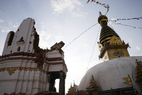 Damage to the Swayambhunath Stupa complex is evident April 26, a day after the earthquake, in Kathmandu, Nepal.