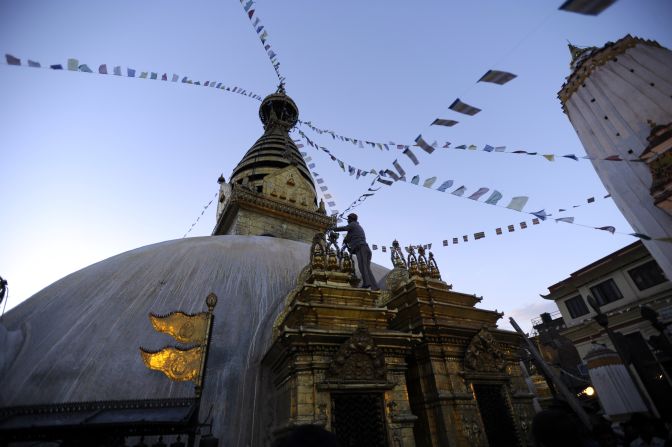 The Swayambhunath Stupa, also known as the Monkey Temple, is seen in May 2013 in Kathmandu, Nepal. 