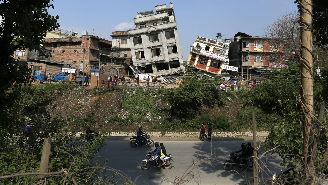 Damaged buildings lean to the side in Kathmandu on April 27.