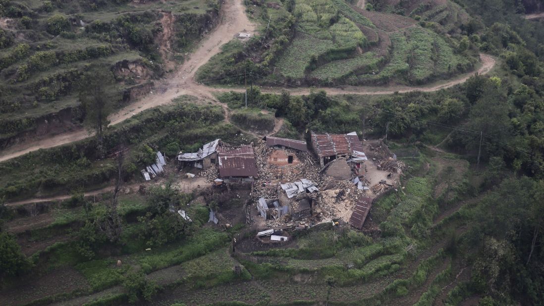 An aervial view shows ruined buildings in Trishuli Bazar on April 27.