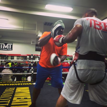 Pad work follows bag work, 25 minutes straight, without a break.  "When I first came here Roger Mayweather (Floyd's two-time world champion uncle) asked me who I was was. I told him 'Ashley Theophane, British champion.' He said: 'That don't mean shit, that don't mean you can fight.' So he got his mitts and we went to work on the pads -- after a while he said, 'Yeah, he's okay.' "