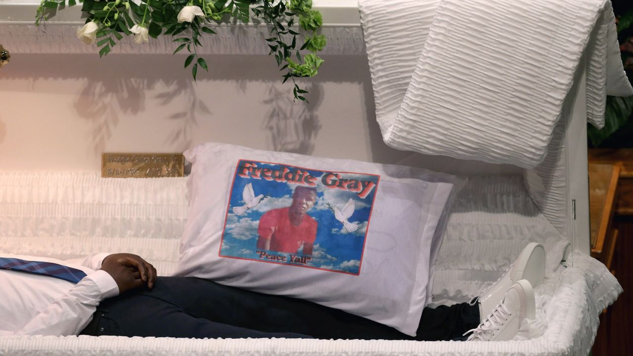 A pillow with Freddie Gray's image sits inside his casket during <a href="http://www.cnn.com/2015/04/27/us/baltimore-freddie-gray-funeral/index.html">his funeral at the New Shiloh Baptist Church in Baltimore</a> on Monday, April 27. Gray, 25, was arrested on April 12. According to his attorney, Gray died a week later from a severe spinal cord injury he received while in police custody.