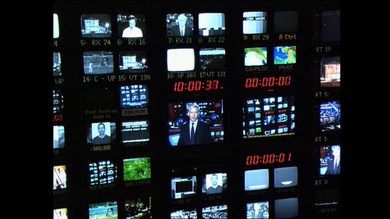 All monitors are fired up in the control room during a 2003 broadcast.