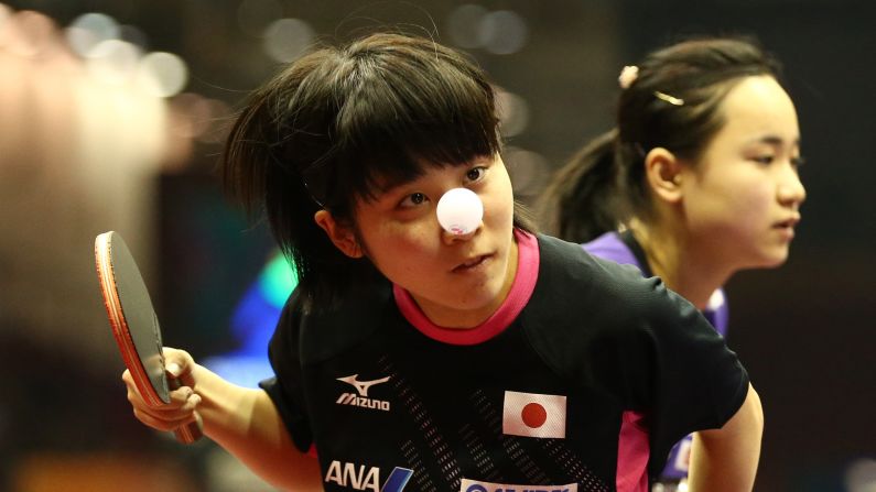 Miu Hirano and Mima Ito, of Japan, train for the 2015 World Table Tennis Championships in Suzhou, China, on Monday, April 27. 