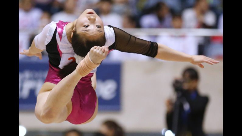 Japanese gymnast Koko Tsurumi competes in the Gymnastics Championship women's individual all-around floor final on Sunday, April 26, in Tokyo.