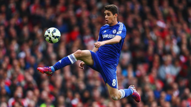 Oscar dos Santos Emboaba Júnior of Chelsea controls the ball during the Barclays Premier League match between Arsenal and Chelsea on Sunday, April 26, in London.