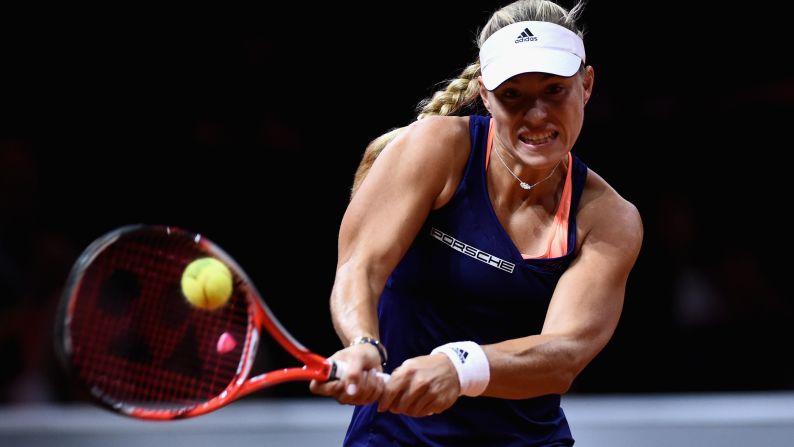 Angelique Kerber of Germany plays a backhand in her semi-final match against Madison Brengle of the United States during day six of the Porsche Tennis Grand Prix on Saturday, April 25, in Stuttgart, Germany.