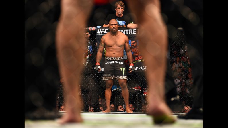 U.S. fighter Quinton "Rampage" Jackson stares down his opponent, Fabio Maldonado of Brazil, before their UFC catchweight bout on Saturday, April 25, in Montreal. <br />