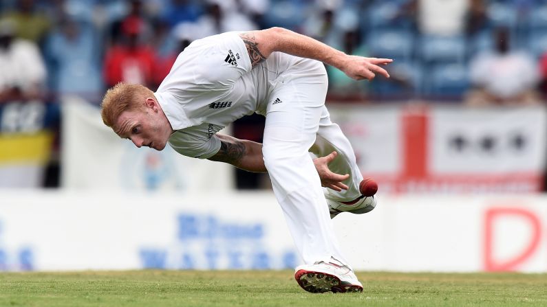 England cricketer Ben Stokes fields a ball shot by West Indies batsman Marlon Samuels in Saint George's on Tuesday, April 21. England won the toss and elected to field.