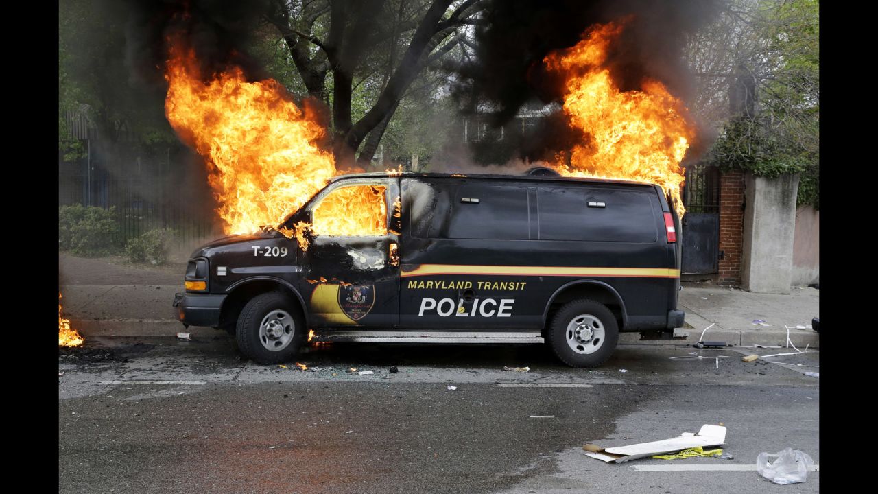 A police vehicle burns April 27.