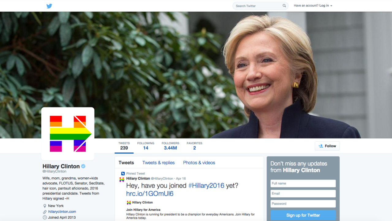 Hillary Clinton's Twitter page is pictured on April 28, 2015.