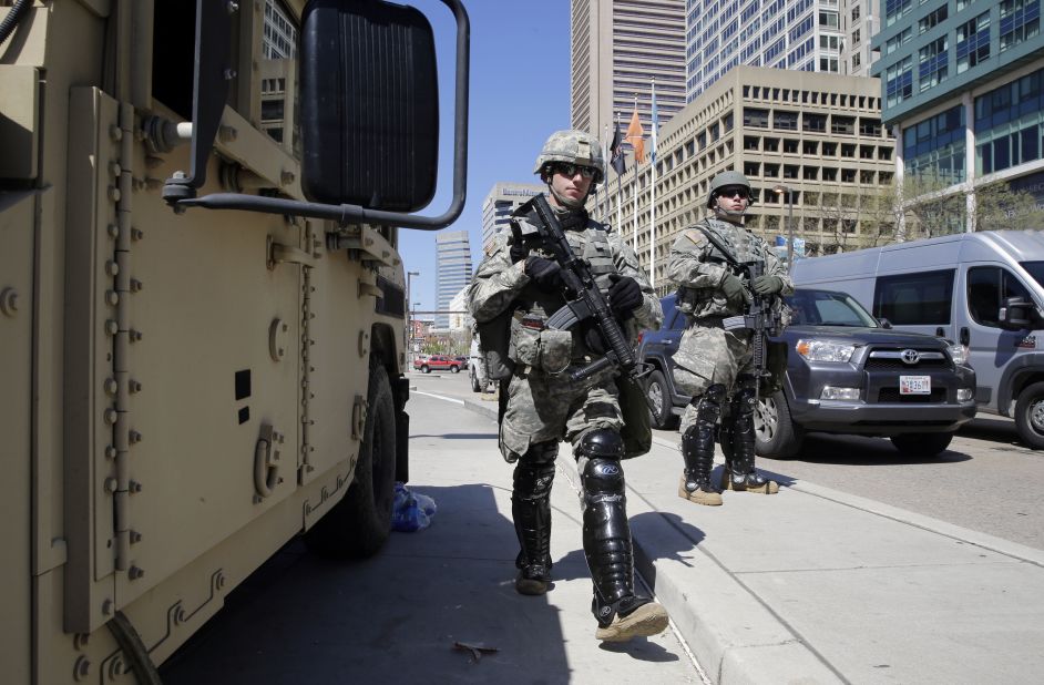 Maryland National Guardsmen patrol the streets on April 28.