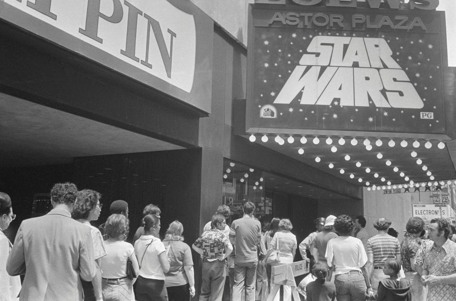 "Star Wars" was a phenomenon upon release in May 1977, with lines around the block (in the days when theaters were largely located on city blocks). Here, people line up in New York to see the film, which soon became the highest-grossing film of all time -- a record it held until "E.T." took its place five years later.