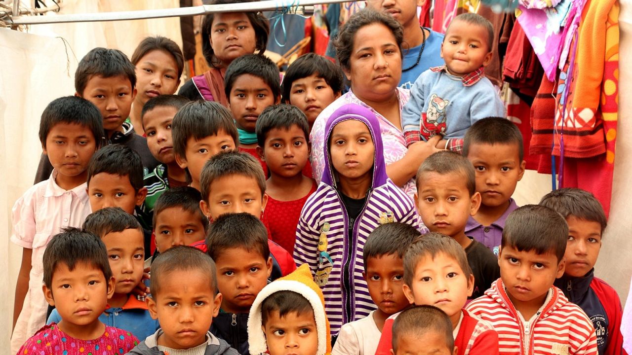 CNN Hero Pushpa Basnet with children in her care, following the earthquake that damaged their home in Kathmandu in 2015.