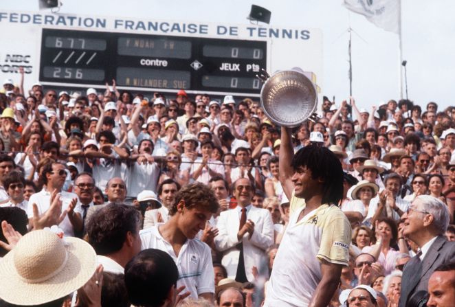 Wilander (left) narrowly lost the French Open title to local hero Yannick Noah (right) in 1983 but he would go on to win two more titles at Roland Garros in 1985 and 1988.